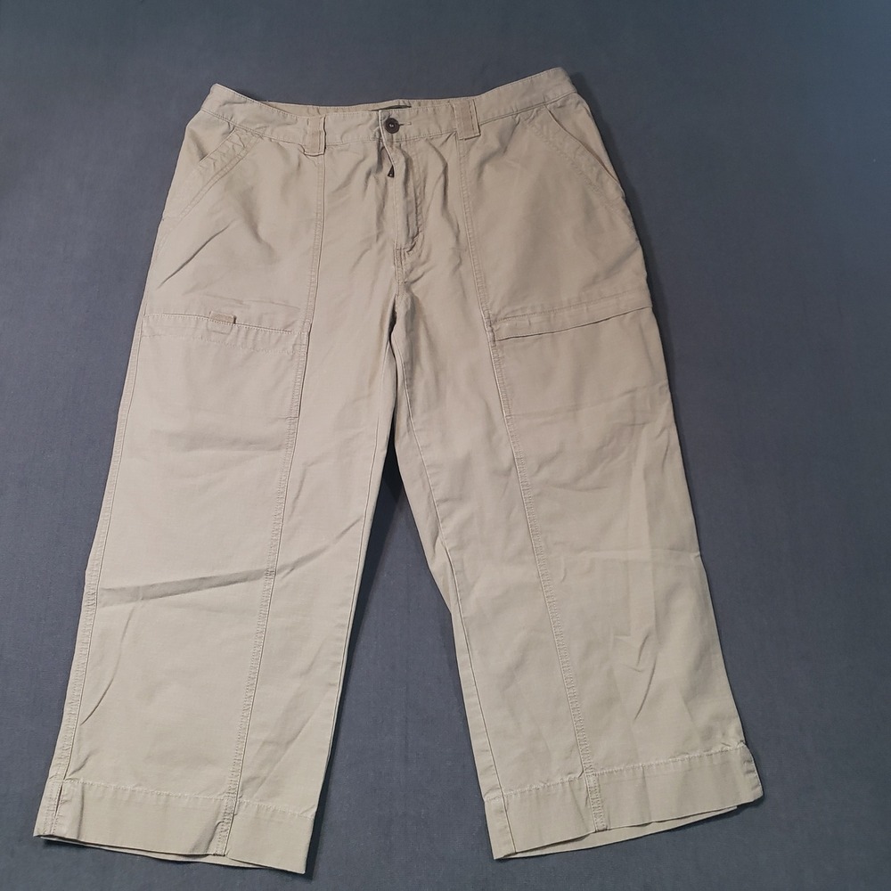 Eddie‎ Bauer Crop Pants Womens 16 Tan Ripstop Utility Wide Leg Cargo Trousers